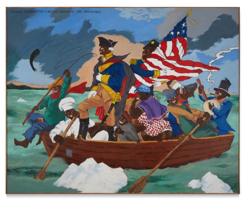 The famed Black inventor and scientist, George Washington Carver, depicted around racist stereotypes while crossing the Delaware.