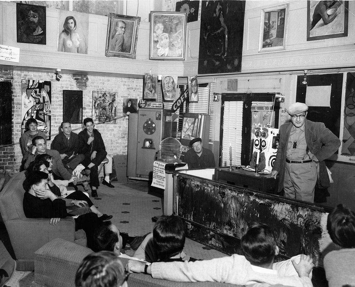 Lawrence Lipton giving a talk | Lou Edwards, from the Lawrence Lipton papers, USC Libraries