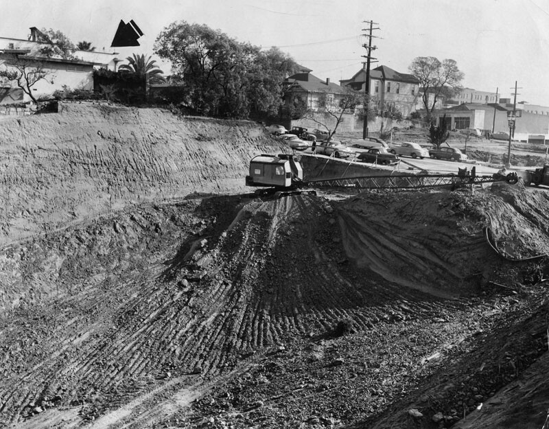In 1954, Fourth Street was extended through Bunker Hill, requiring construction crews to cut a deep trench through the neighborhood. Courtesy of the Photo Collection, Los Angeles Public Library.