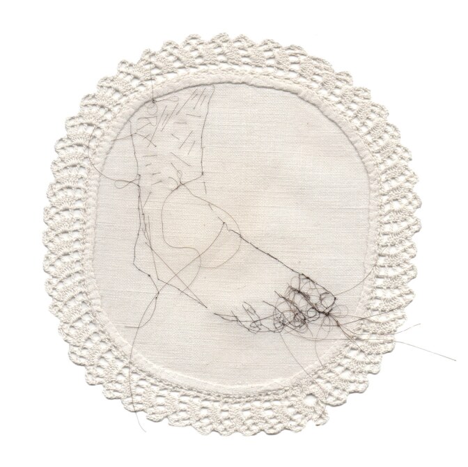 "Untitled," 2014 Hair embroidery on fabric 8 x 8 in. Part of "Sula Bermúdez-Silverman: Neither Fish, Flesh, nor Fowl" at CAAM. | Courtesy the artist