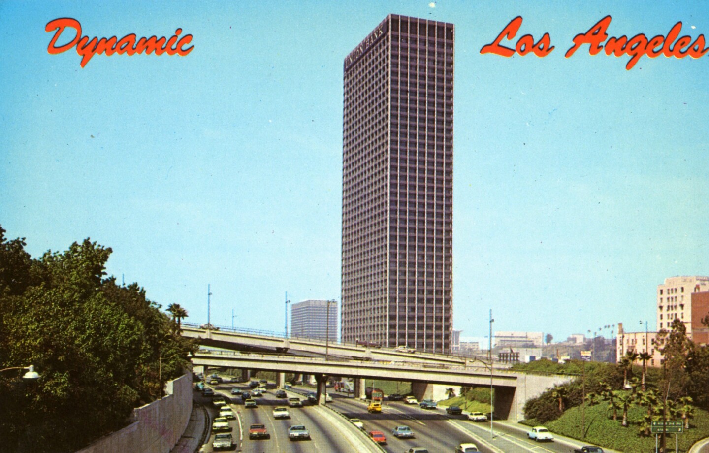 Freeway-adjacent Union Bank Square was an emblem of "Dynamic Los Angeles," according to this 1968 postcard