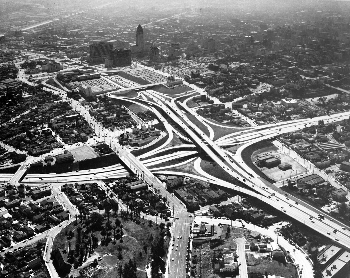 Aerial view of downtown Los Angeles from the Harbor Freeway and Hollywood Freeway interchange, 1954