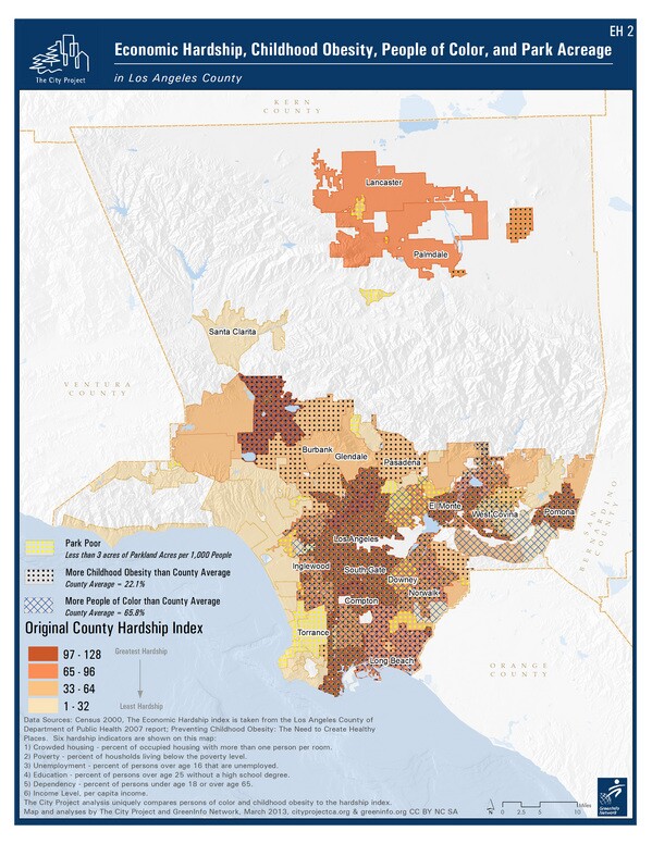 Map EH2 (click to enlarge). This map analyzes multiple variables: economic hardship, obesity, people of color, and park access.