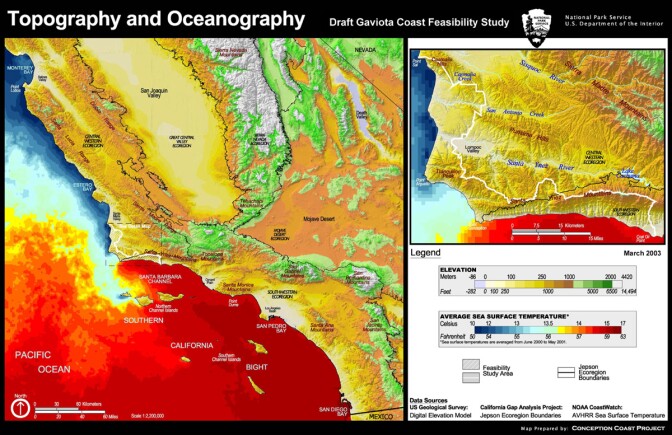 Map showing the topography and oceanography of Gaviota Coast. | Extracted from from the National Park Service’s Gaviota Coast Feasibility Study, produced by the Pacific Great Basin Support Office of the National Park Service.