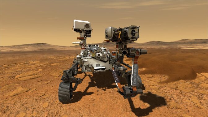This illustration depicts NASA's Perseverance rover operating on the surface of Mars. Perseverance will land at the Red Planet's Jezero Crater a little after 3:40 p.m. EST (12:40 p.m. PST) on Feb. 18, 2021.