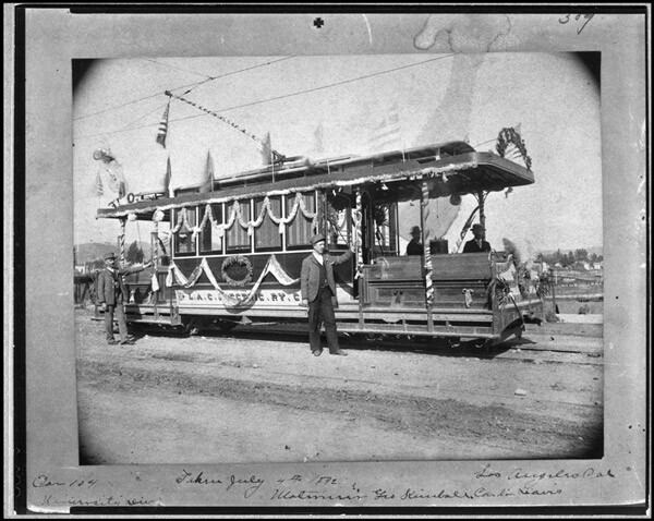 In 1892, the Los Angeles Cable Railway decorated one of its cable cars to celebrate the July 4 holiday. Courtesy of the Metro Transportation Library and Archive.