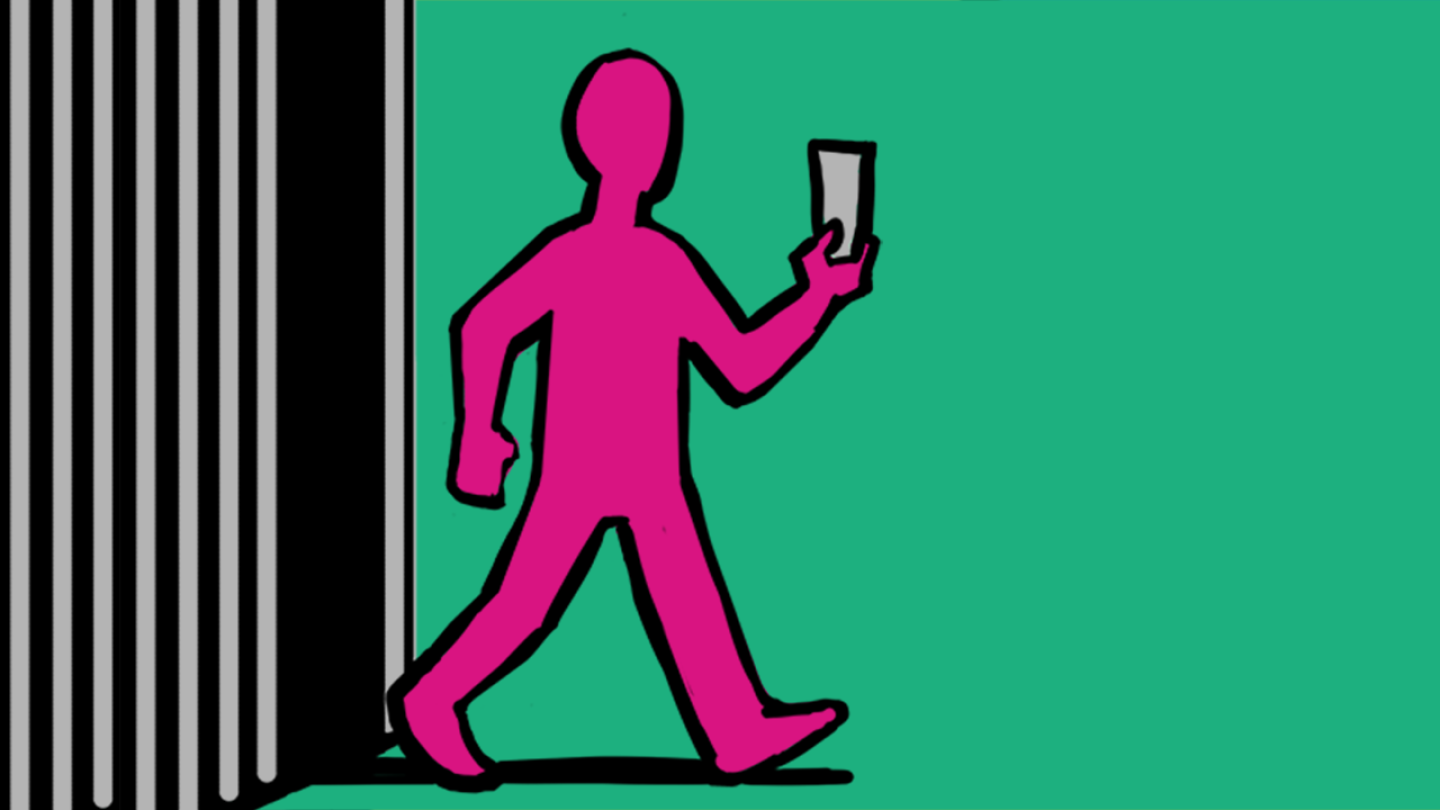 Cartoon of a pink person exiting a jail cell holding a ballot in one hand