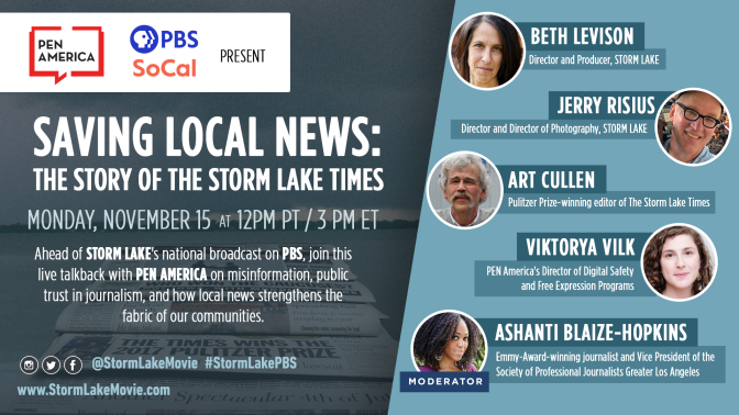 Sharegraphic for "Saving Local News: The Story of the Storm Lake Times" event.