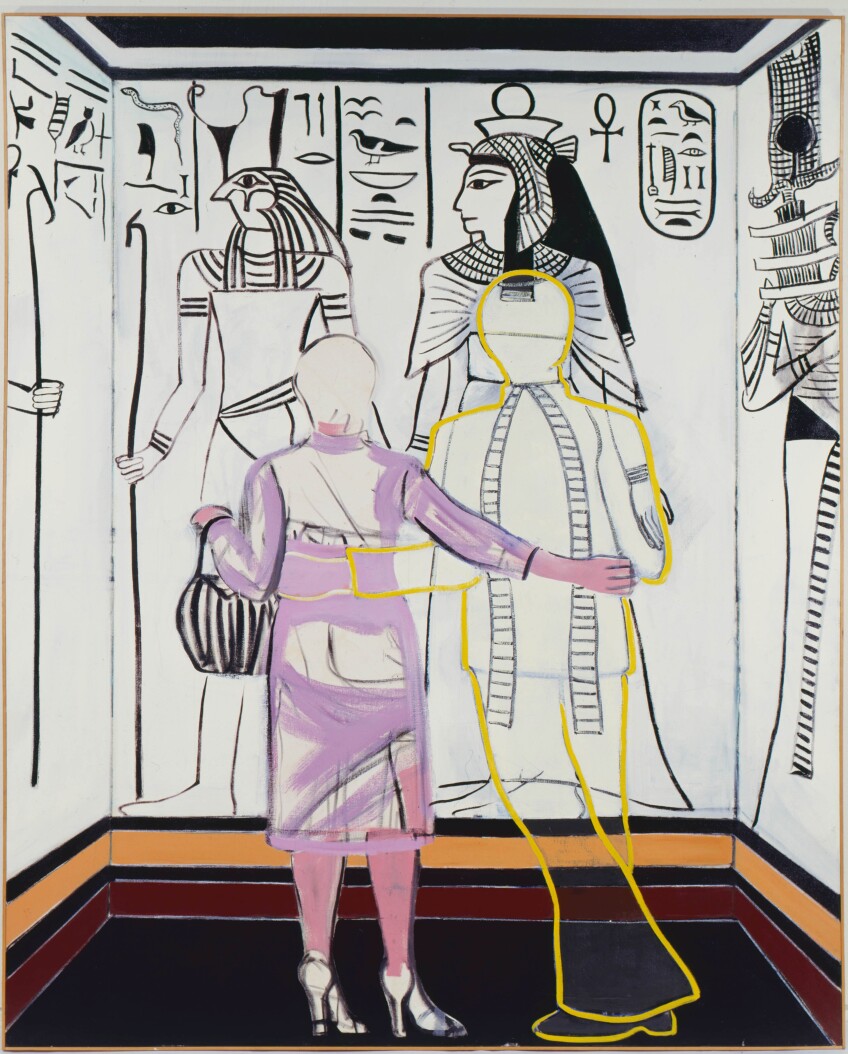 An oil on canvas painting by Joan Brown of a woman looking at an Egyptian artwork with her hands around another person that's just outlined.