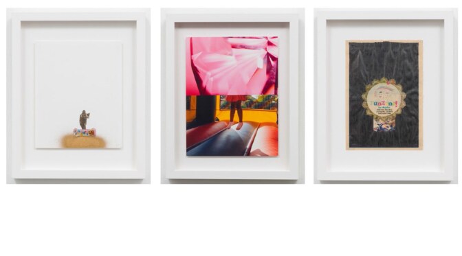 Sadie Barnette “Untitled (Dog Bone),” “Untitled (Bouncy Castle),” and “Untitled (Funzone),” 2015. All 15 x 12 ½ in. | Collection of the California African American Museum. Gift of anonymous donor