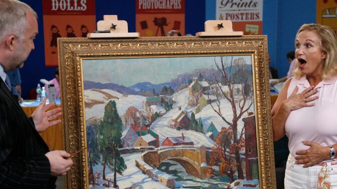 A woman gasps in surprise over the appraisal of her antique painting.