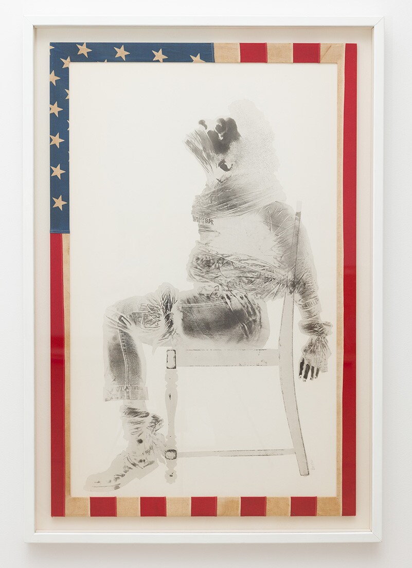 David Hammons, Injustice Case, 1970, print, body print (margarine and powdered pigments), and American flag | Pablo Enriquez, Courtesy of the Broad