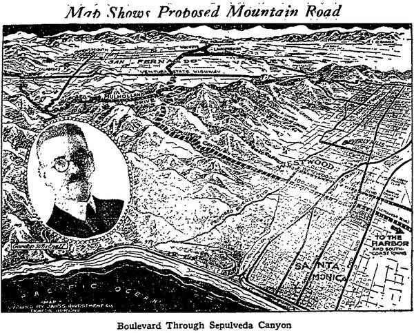 Map of Sepulvada Canyon Road with insert photo of Gordon Whitnall, Los Angeles Times, November 11, 1923