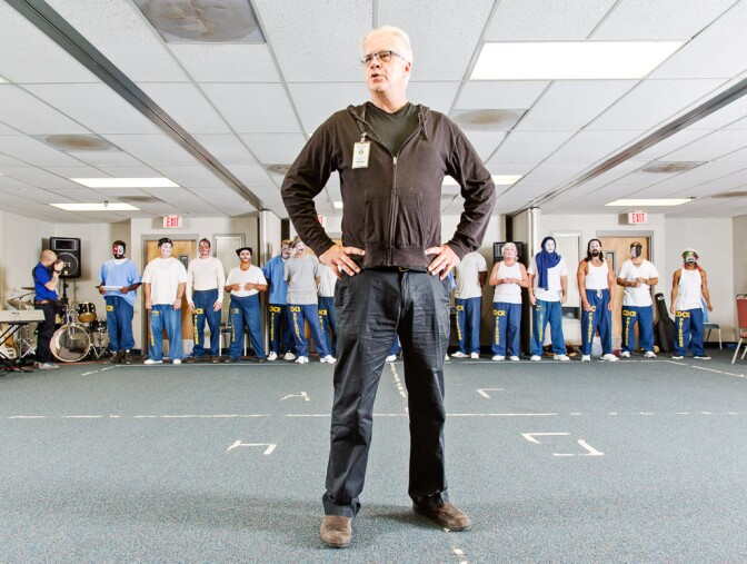 Tim Robbins, artistic director of The Actors' Gang in Los Angeles, conducts a workshop at the California Rehabilitation Center in Norco.