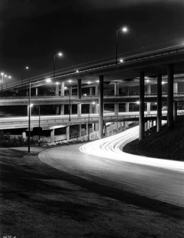 The Four Level carrying traffic in all eight directions shortly after its 1953 opening. Courtesy of Caltrans.