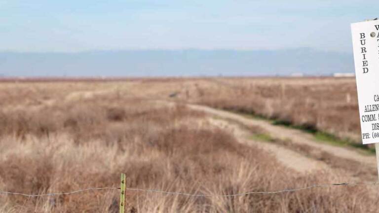Sign indicating buried water line from a new well to serve Allensworth. (narrow) | Carla Pineda