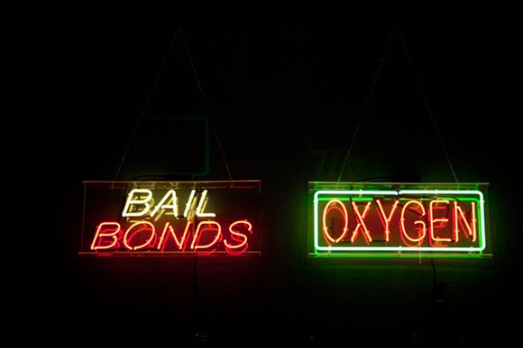 Daniel Joseph Martinez, "Bail Bonds Oxygen," 2012, Mixed media with colored neon