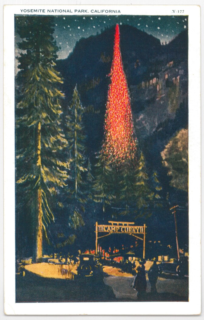 Circa 1930 postcard of Camp Curry and the Firefall