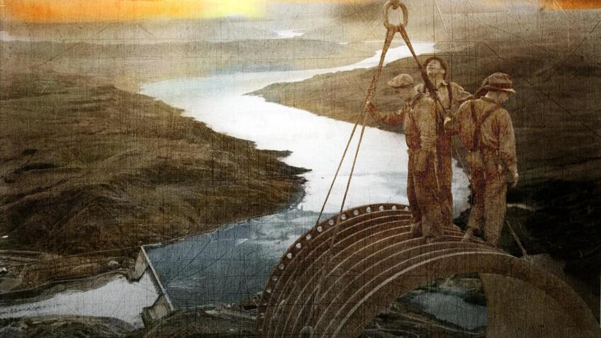 A few men are depicted of building a dam against a backdrop of a river.