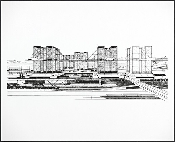 Harlan Georgescu's Sky Lots, planned for downtown Los Angeles in 1964. Courtesy of the Getty Research Institute.