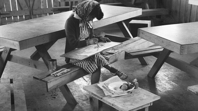 A student of Chiura Obata's art classes painting a free water color | Dorothea Lange, War Relocation Authority Photographs of Japanese-American Evacuation and Resettlement / National Archives ABs10 MMD