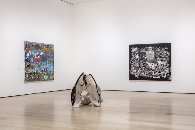 An installation view of Ann Greene Kelly and Umar Rashid's work at "Made in L.A. 2020: a version." at Hammer Museum, Los Angeles. | Joshua White / JWPictures.com.