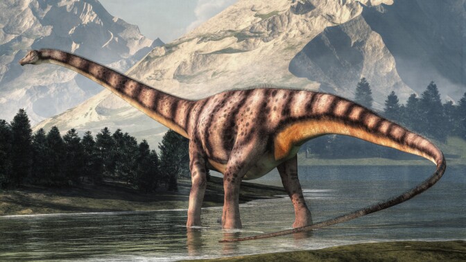 A rendered image of a Diplodocus dinosaur. | From the web series "Eons."