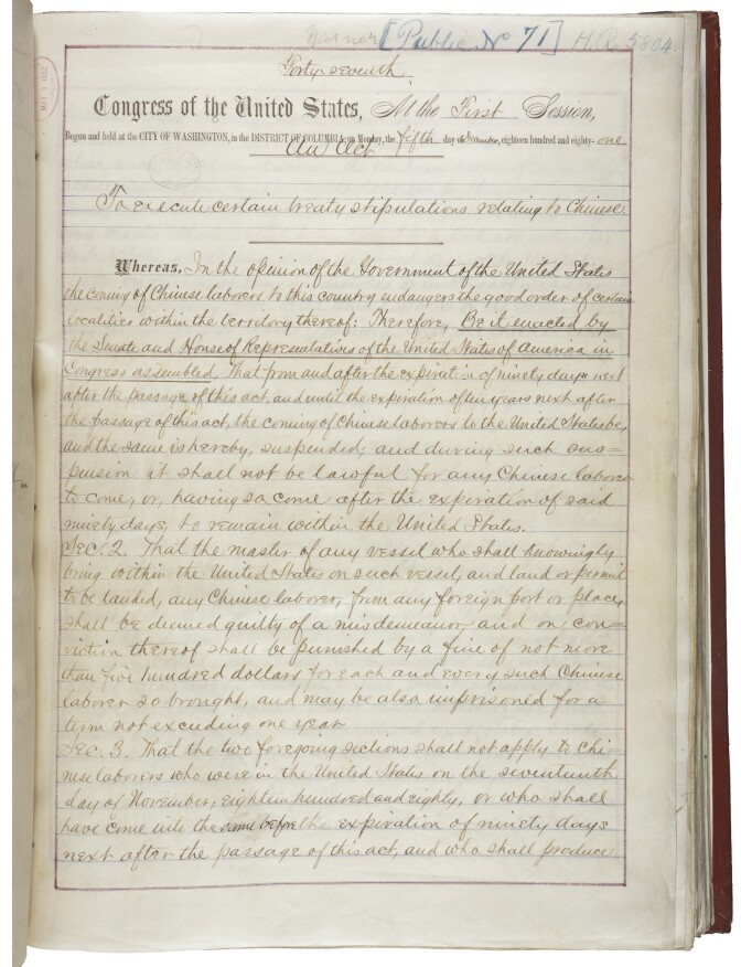 First page of the Chinese Exclusion Act of 1882