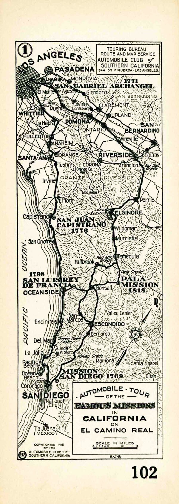 1915 Auto Club strip map showing the route of El Camino Real from the Los Angeles to San Diego. Courtesy of the Automobile Club of Southern California Archives.