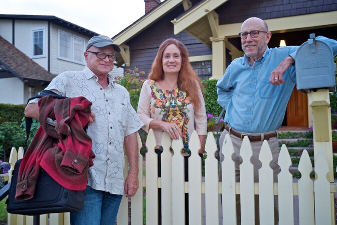 Writer Christopher Langley, painter Patricia Chidlaw, and her husband Bob Sponsel in front of Chidlaw's craftsman house in Santa Barbara. | Photo: Osceola Refetoff.