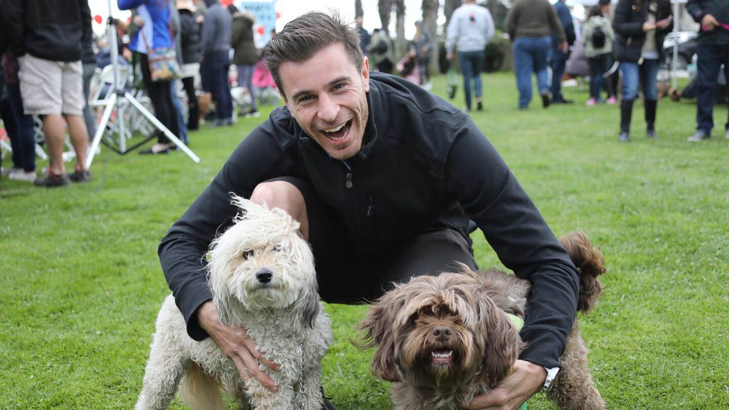 Man poses with his two long-haired dogs at Bulldog Beauty Contest
