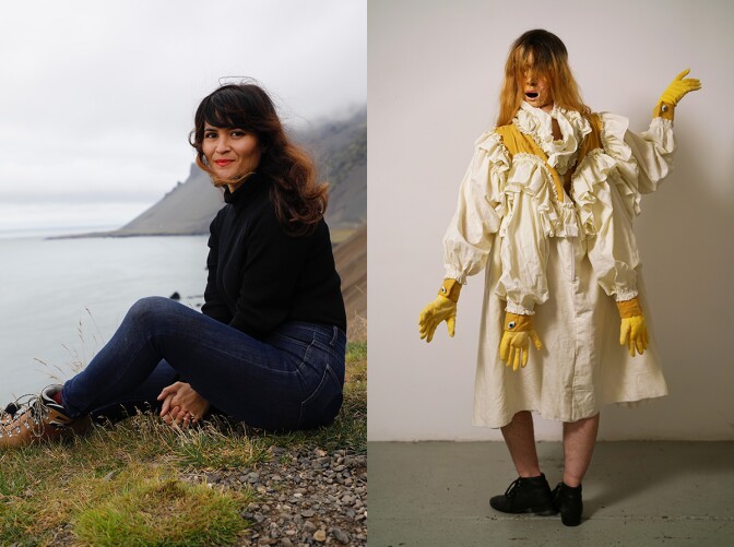 Annie Gimas overlooking the ocean and Carolyn Pennypacker Riggs in a garment created in collaboration with Roxy Jamin. | Gimas' photo courtesy of the artist and Pennypacker Riggs' by Ry Rocklen