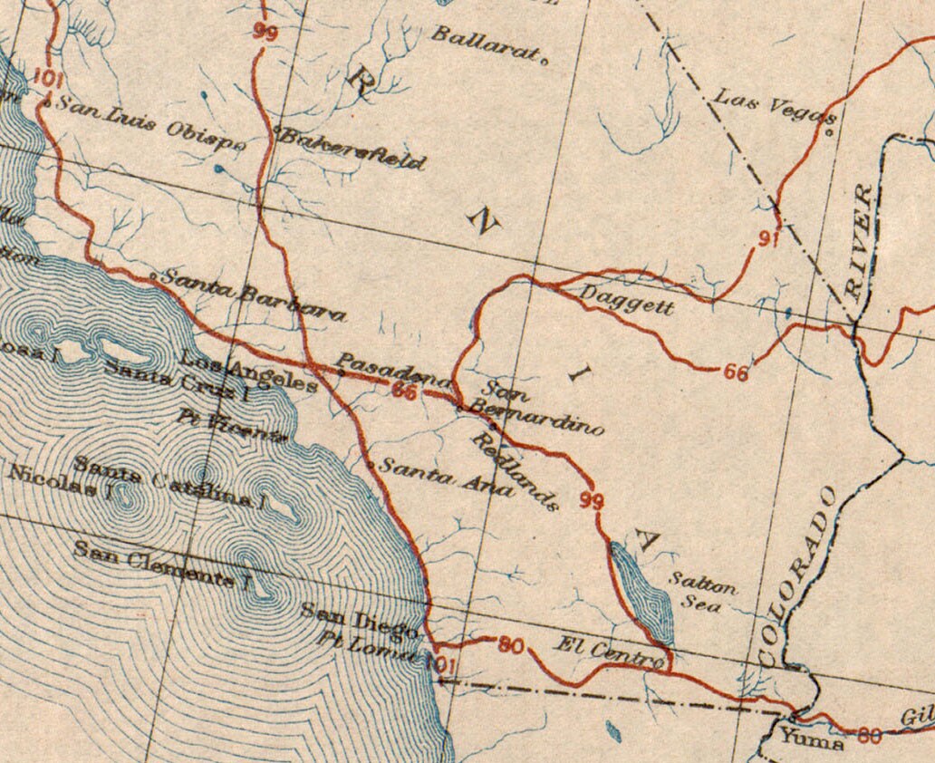 Detail of the above map, showing Southern California.