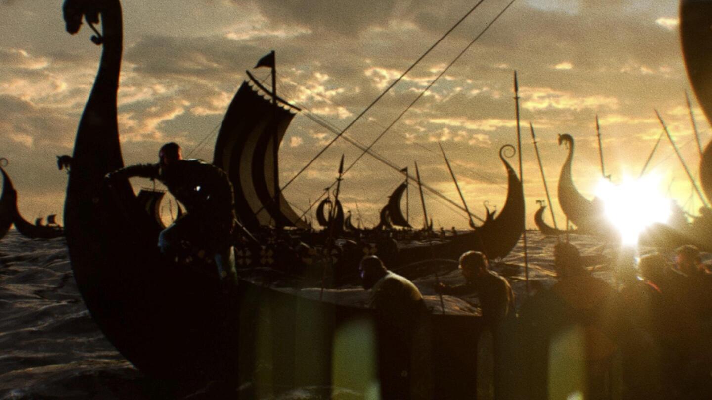 Viking armies row on ships with the sun on the horizon. | "NOVA: Lost Viking Army"