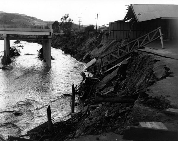 Flood damage to a bridge in Studio City, 1938. Courtesy of the USC Digital Library.