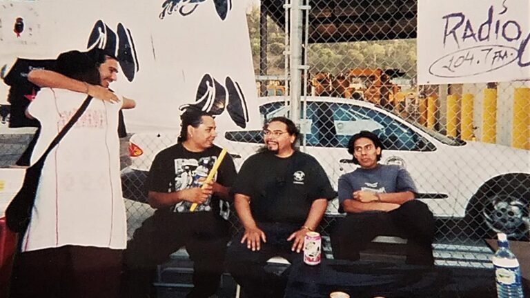From left to right: DJ Bean from Aztlan Underground, Lupe, Yaotl from Aztlan Underground, Jose Maldonado, and Edgar Toledo at The Farce of July, 1999 | Courtesy of Edgar Toledo and Emily Martinez