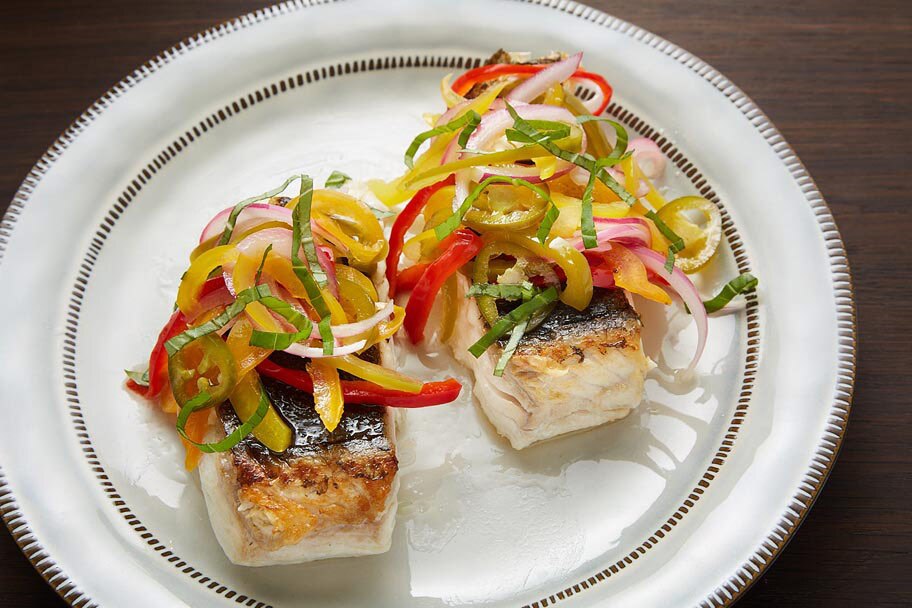 pan seared halibut with five pepper sauce