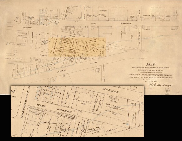 Wine Street in Plaza in 1873 map by Los Angeles surveyor A.G. Ruxton.