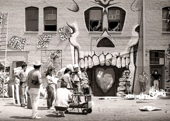 L.A. collective ASCO to be filmed for Mur Murs by Agnes Varda. Mural by Willie Herron. Self Help Graphics, June 14, 1980. | Photo: Courtesy of artist Diane Gamboa