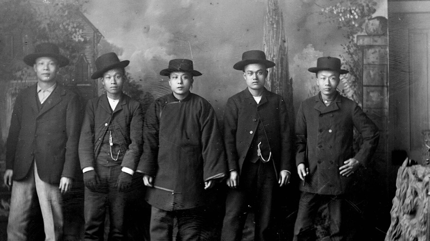 Chinese men standing together, B&W Photo