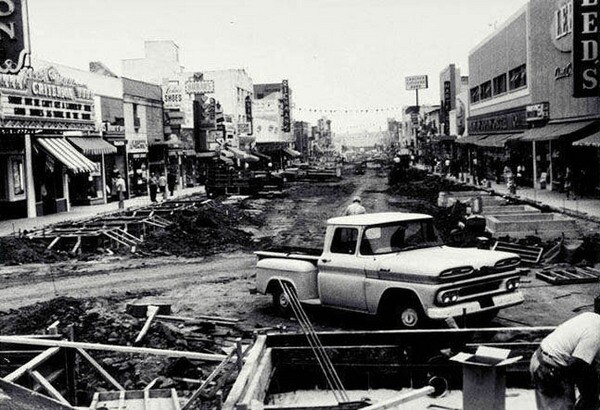 Santa Monica's Third Street pedestrian mall under construction in 1965. Courtesy of the Santa Monica Public Library Image Archives.