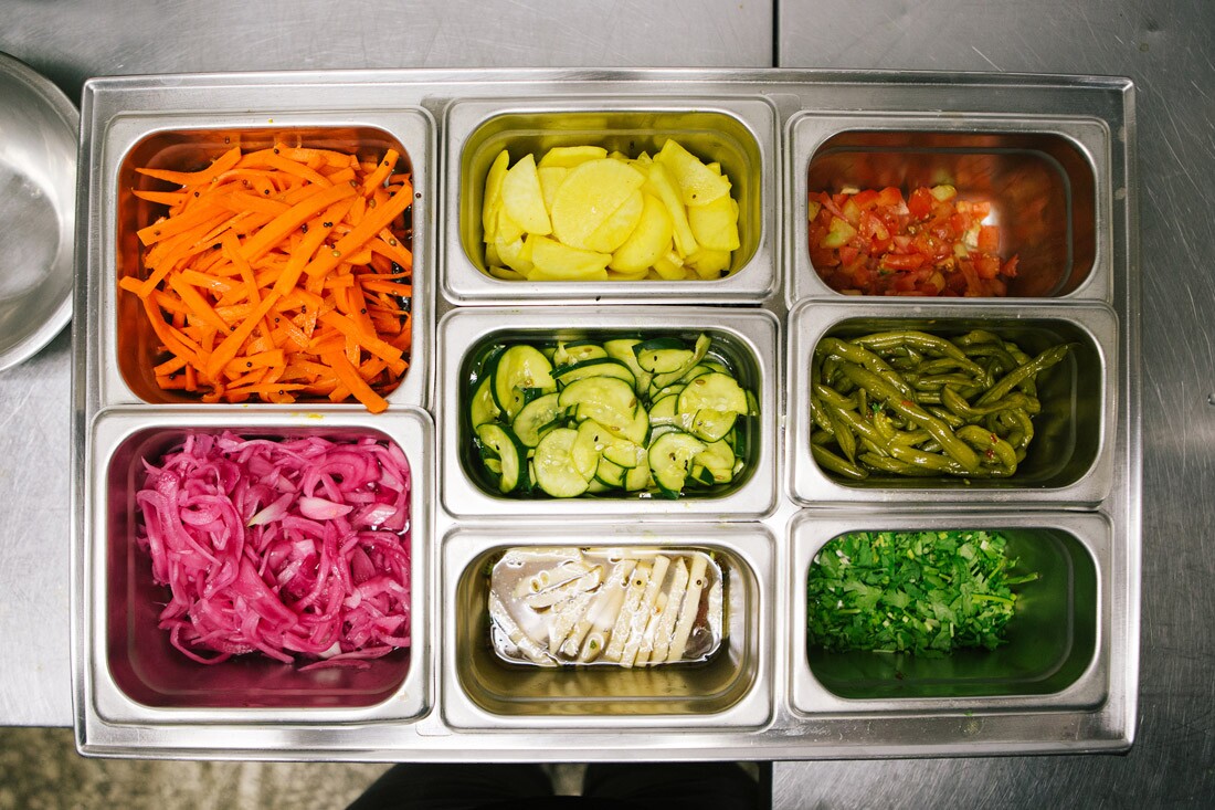 Various pickled vegetables in the kitchen of Badmaash