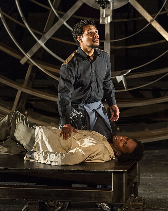 Ron Cephas Jones as Prometheus and Tony Sancho as Hephaistos. Prometheus Bound at the Getty Villa. | Photo: © 2013 Craig Schwartz.