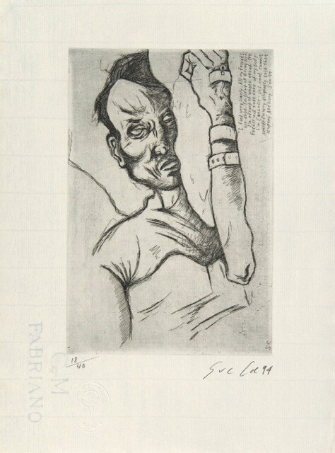 Sue Coe, "Anthony," 1994, 13 x 9 1â„2 in.Line etching on paper. Pomona College Collection. Museum purchase with funds provided by the Estate of Walter and <br /> Elise Mosher.