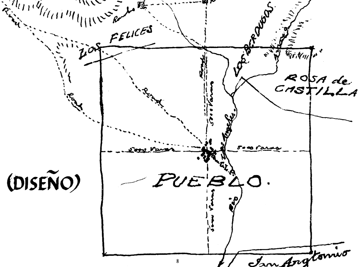 A diseño of the early pueblo from the publication “Four Square Leagues: Los Angeles Two Hundred Years Later”