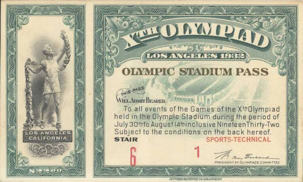 Admission pass for "Olympic Stadium," as the Los Angeles Memorial Coliseum was known during the 1932 summer games