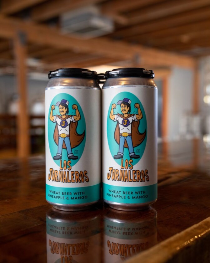 A beer can called "Los Jornaleros" where some of the proceeds for every can benefit The Street Vendor Emergency Fund.
