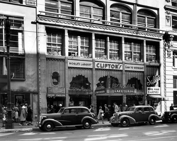 Circa 1940s view of Clifton's Cafeteria's original art deco facade, revealed today for the first time since the early 1960s. Courtesy of the Dick Whittington Photography Collection, USC Libraries.