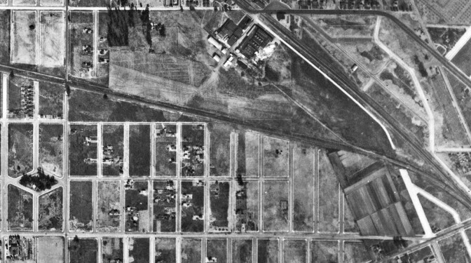 An aerial view of Burbank, between Buena Vista Street (left) and the intersection of Burbank Boulevard, Victory Boulevard and Victory Place(right), on January 1, 1928 shows that streets were wide even before Lockheed established itself in the area. | Courtesy of Wes Clark