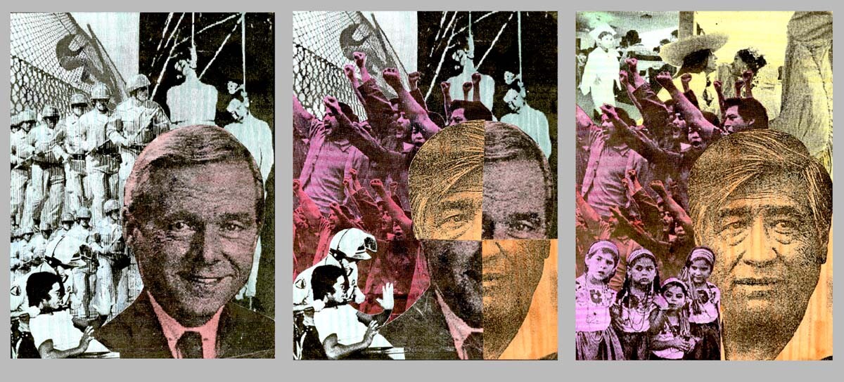 “Metamorphosis, 1995” by Margaret ‘Quica’ Alarcón is a photo collage triptych with pantone marker. | Margaret “Quica” Alarcón
